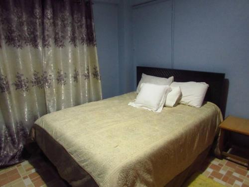 a bedroom with a bed with white pillows and a window at Tazama place in Nyeri