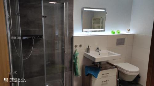 ein Badezimmer mit Dusche und Waschbecken in der Unterkunft FEWO am Wetzstein in Wernigerode