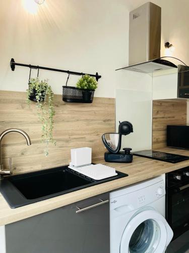 a kitchen with a sink and a washing machine at BE MY APPARTS, Studio de charme "LE CARILLON", DOUAI, Coeur de ville in Douai