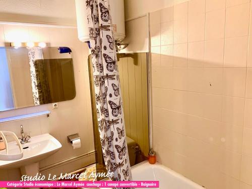 a bathroom with a sink and a shower curtain at Nos studios au centre ville à Dole in Dole