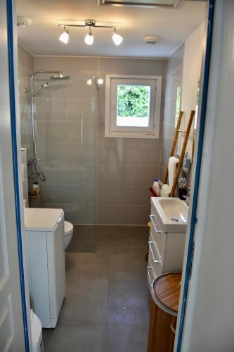 a bathroom with a toilet and a sink at Le Chai de Saint-Pierre in Saint-Pierre-dʼOléron
