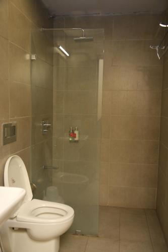 a bathroom with a shower with a toilet and a sink at Vishnu Paradise in Mohammadnagar