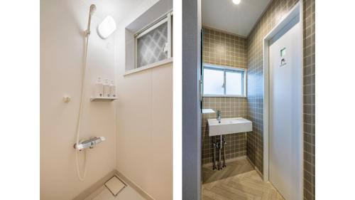 two images of a bathroom with a sink and a shower at THE GATE HOSTEL SHONAN FUJISAWA in Fujisawa
