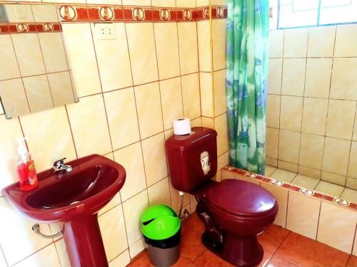 a bathroom with a red toilet and a sink at casa hostel vacahouse Huaraz in Huaraz