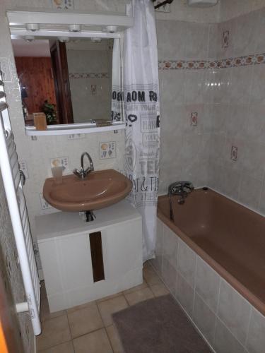 een badkamer met een wastafel en een ligbad bij Chez la malou in La Bresse