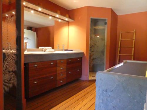 a bathroom with a large sink and a shower at exceptionnel loft style industriel tout équipé 15 personnes avec piscine et jacuzzi in Villebramar