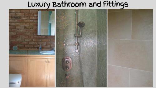 two pictures of a bathroom with a shower and a sink at Farm Stay -Nr Silverstone, Bicester Village and Stowe in Hinton in the Hedges
