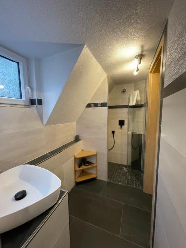 a bathroom with a sink and a shower at Ferienhaus Freitag in Kurort Oberwiesenthal
