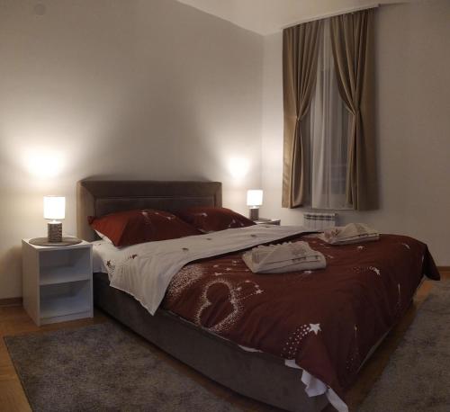 ein Schlafzimmer mit einem Bett mit zwei Lampen und einem Fenster in der Unterkunft Apartman Davidović 31 in Valjevo