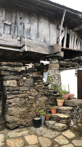 a stone building with potted plants on it at Casa La Fonte in Barcia