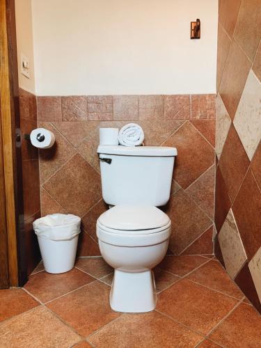 a bathroom with a toilet and a tiled wall at Caye Casa in San Pedro