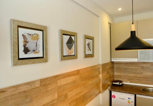 a kitchen with wooden floors and a black ceiling at Milmari Premier 13 in Kopaonik