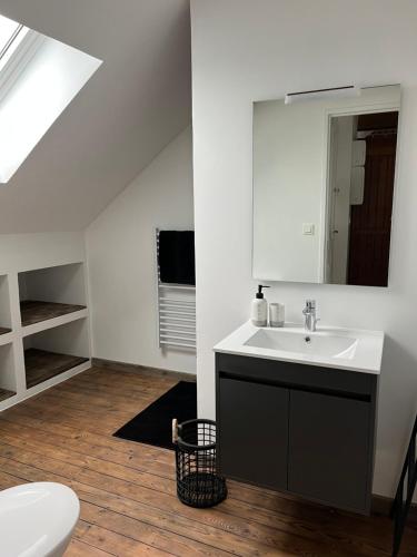 une salle de bain avec un lavabo et un miroir dans l'établissement LA CABANE, à Amiens