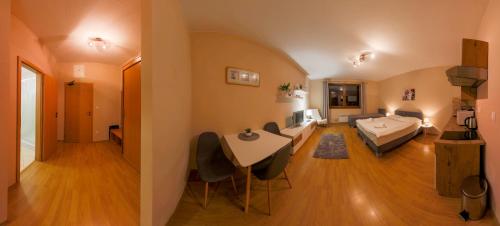 a large living room with a bed and a couch at Apartmány Fatrapark 1 s WELLNESSOM Hrabovská dolina in Ružomberok