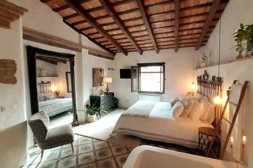 a bedroom with a bed and a tub and a mirror at Casa Romántica con Sauna privada Eternal Rural in Jimena de la Frontera
