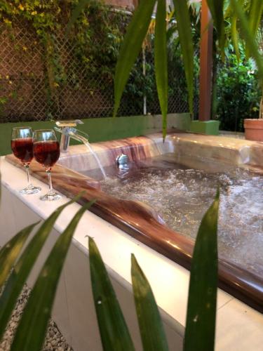 zwei Gläser Wein neben einem Whirlpool in der Unterkunft Arenal Thiago with Private Jacuzzi in Fortuna
