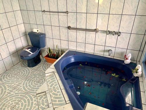 a bathroom with a blue tub with a toilet at Ferreto`s House in El Castillo de La Fortuna