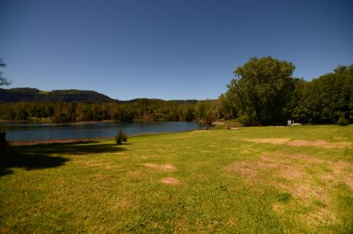 a grassy field next to a body of water at Nativo Lodges in Panguipulli