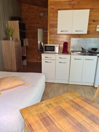 a small kitchen with white cabinets and a microwave at KAZBONZAMIS in Sainte-Clotilde