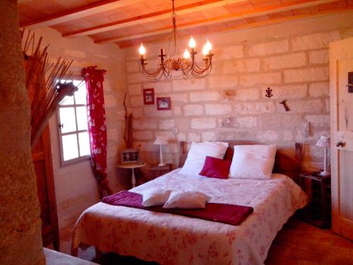1 dormitorio con cama y lámpara de araña en Le Mazet De Jean, en Le Cailar