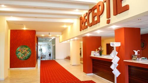 a lobby of a hotel with a red carpet at Hotel Montana - Covasna in Covasna