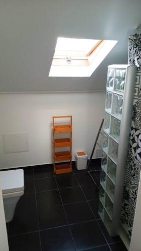 a bathroom with a skylight and a bathroom floor with a sink at Lazy Lizard Studio in Seixal
