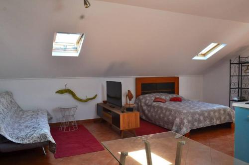 a bedroom with a bed and a tv and a chair at Lazy Lizard Studio in Seixal