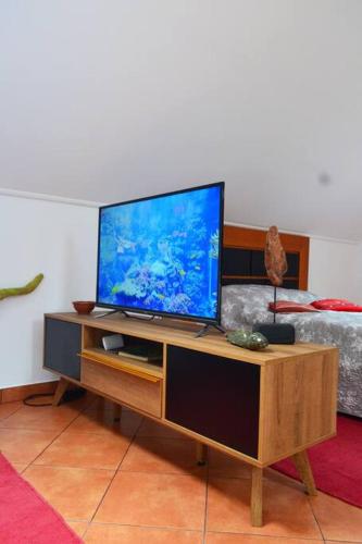 a living room with a flat screen tv on a table at Lazy Lizard Studio in Seixal