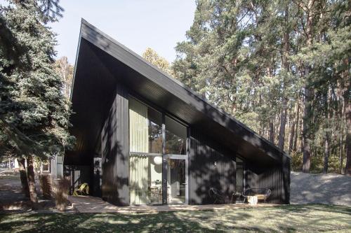 a black house in a forest with trees at Domki MODERN Jezioro Nyskie in Nysa