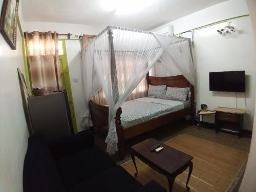 Dormitorio pequeño con cama con dosel en SAFI Apartment, en Mombasa