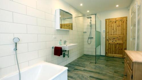 a bathroom with a sink and a shower and a mirror at Hof Stallegg in Löffingen