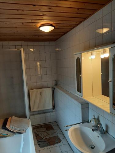 een badkamer met een wastafel en een spiegel bij Gästehaus Rüger in Birkenau