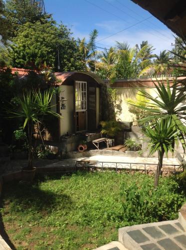 a house with palm trees in front of a yard at Chez Henri in Pointe d'Esny