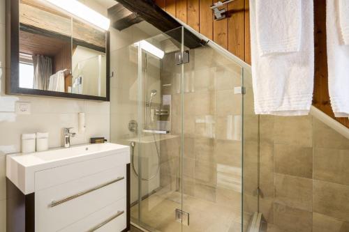 a bathroom with a sink and a glass shower at KoBi Boutique Studios Hirschenplatz in Lucerne