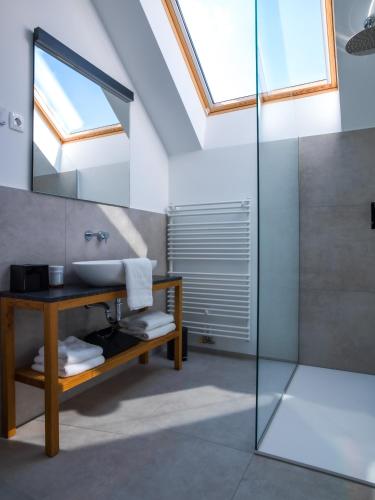 a bathroom with a sink and a glass shower at Hotel Belmur in Murska Sobota