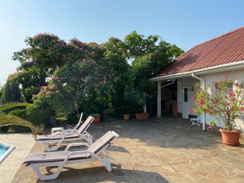 2 chaises longues assises sur une terrasse à côté d'une maison dans l'établissement Villa Diana Mini, à Karolino-Buhaz