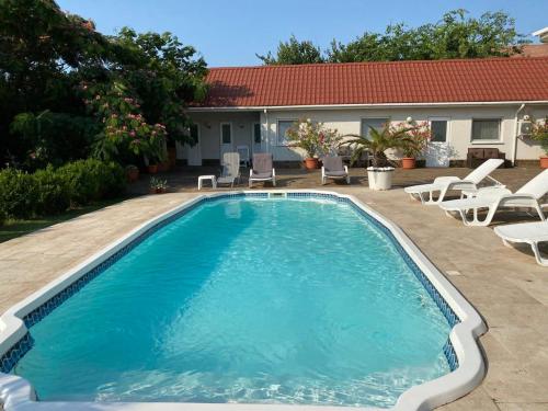 a swimming pool with chairs and a house at Villa Diana Mini in Karolino-Buhaz