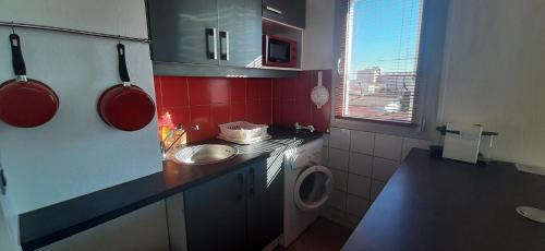 une cuisine avec un évier et une machine à laver dans l'établissement RESIDENCE DE LA PLAGE Appart à 2 pas de la plage et du marché, à Saint-Cyprien