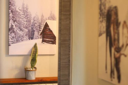 a plant sitting on a shelf next to a picture at Greta, apartament cèntric i amb encant in Tremp
