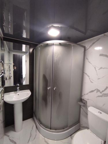 a bathroom with a shower and a toilet and a sink at Victory park apartments in Poltava
