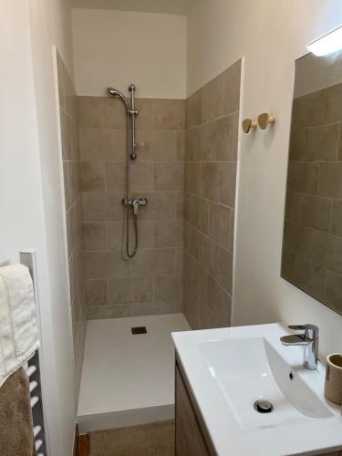 La salle de bains est pourvue d'une douche et d'un lavabo blanc. dans l'établissement LES JARDINS avec terrasse, à Amiens