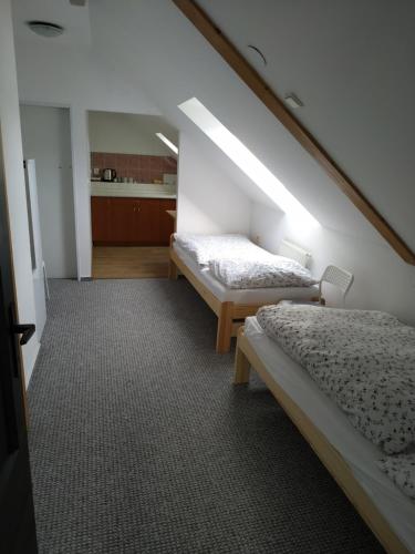 a room with two beds and a kitchen at Apartmán v Anenském údolí in Moravská Třebová