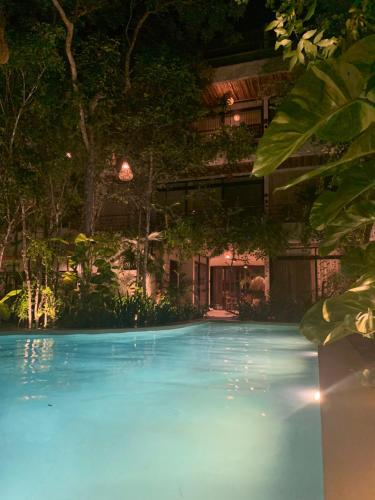 a swimming pool in front of a building at night at Jungle View 2bed 2bath Condo/ Wi-Fi/ Pool/ Gym in Tulum
