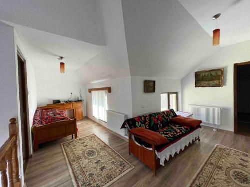 a living room with a couch and a bed at Vilă in Izbuc, Bihor - Casa Moma in Cărpinet