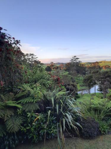 a garden with plants and trees and a lake at Riverside Homestead in Paihia