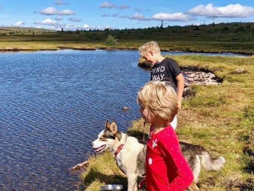 a boy and a child and a dog by a pond at 4 person holiday home in S LEN in Sälen