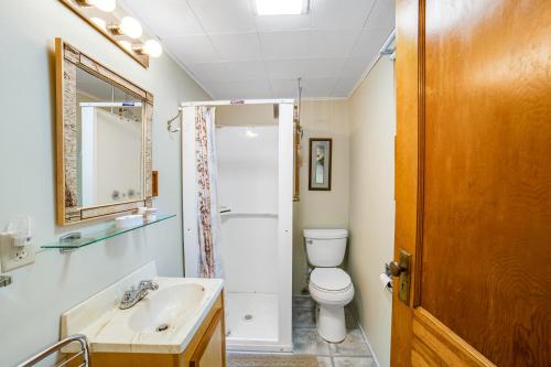a bathroom with a toilet and a sink and a mirror at Hudson Riverside Cottage in Chestertown