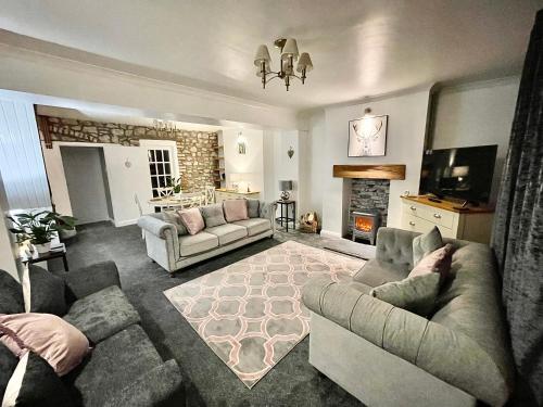 a living room with two couches and a fireplace at Traditional cosy PET FRIENDLY cottage by the canal with Cymru Holidays in Cwm-brân