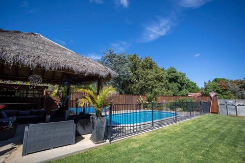 a backyard with a swimming pool and a straw hut at Contractor's Heaven and Entertainer in Parkes