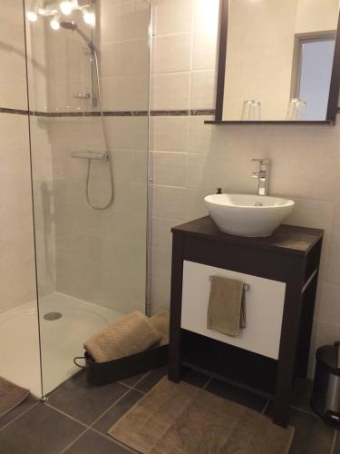 a bathroom with a glass shower with a sink and a toilet at LA GRANGE DU RIAL in Bournazel
